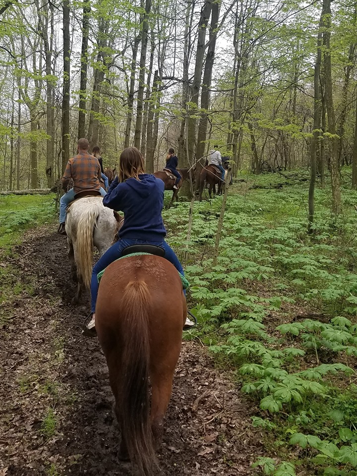 Group of friends trail riding at Equestrian Valley Farm